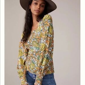 Anthropologie • Rayna Relaxed Smocked‎ Blouse in Yellow & Orange, Size XS